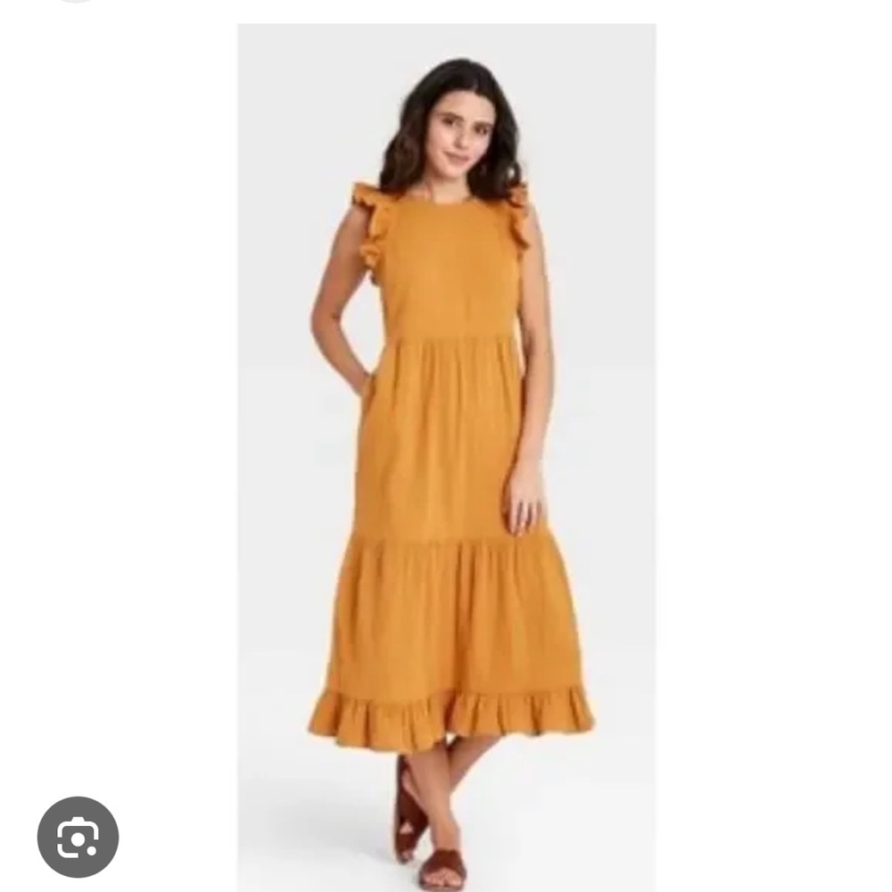 Women's ochre Ruffle Sleeveless Tiered Dress